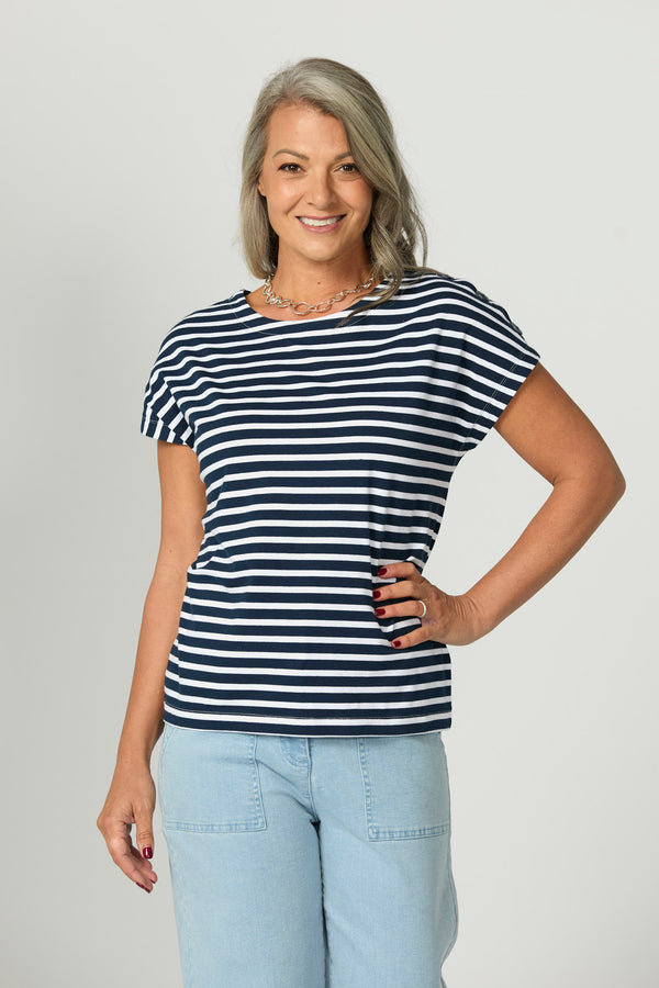 Suzette Stripe Cap Sleeve Button Tee