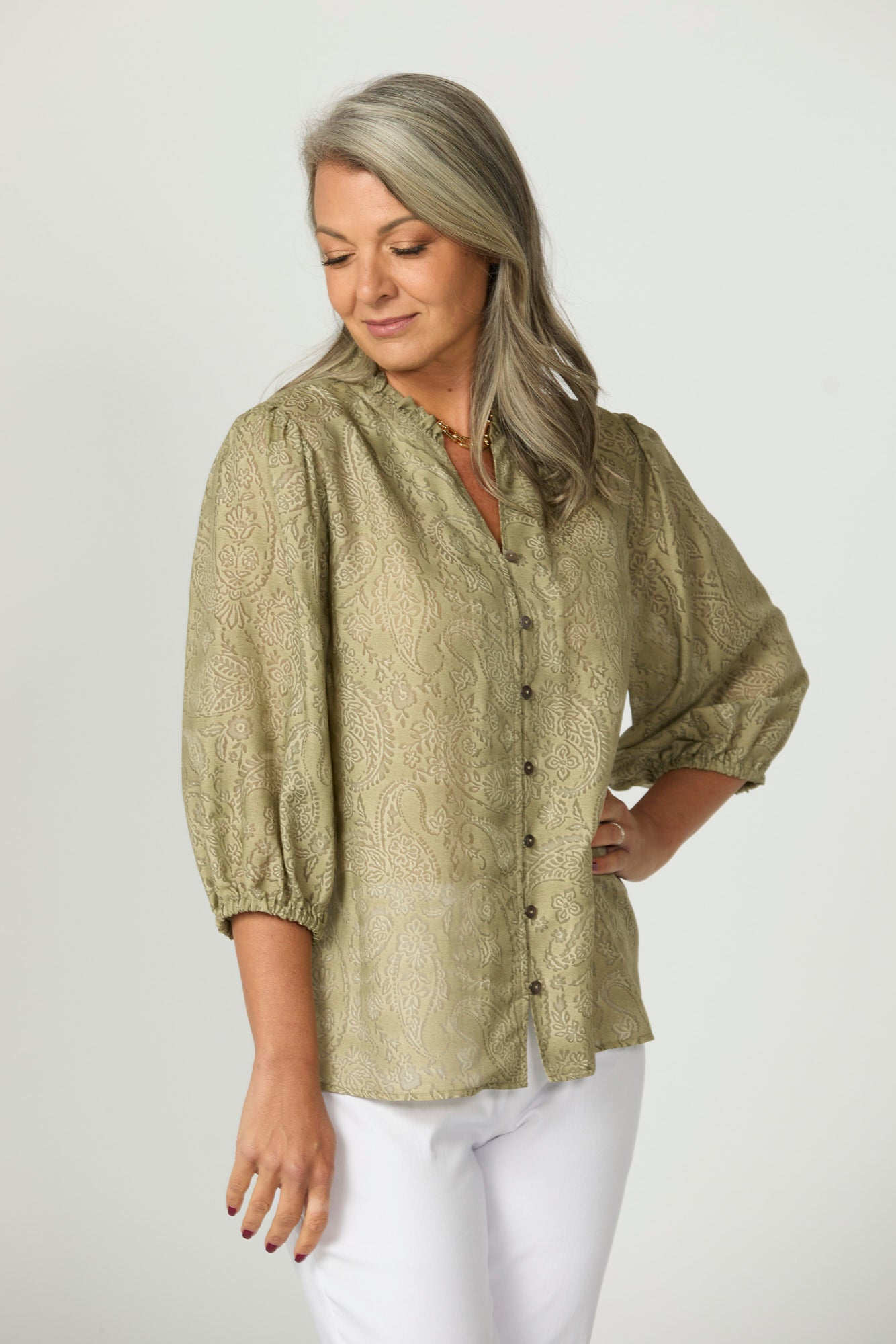 Empire Frill Neck 3/4 Slv Shirt