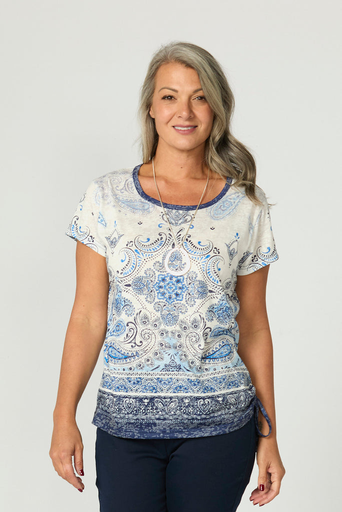 Blue Boho Short Sleeve Ruched Tee