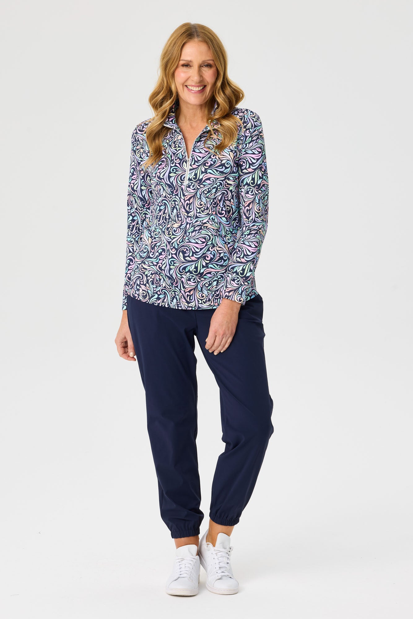 CINDY UPF 1/4 ZIP L/SLV PRINT TOP