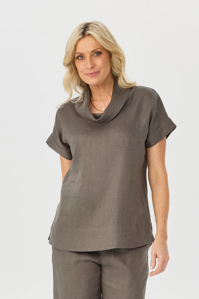 Cologne Linen Cowl Neck Short Sleeve Top