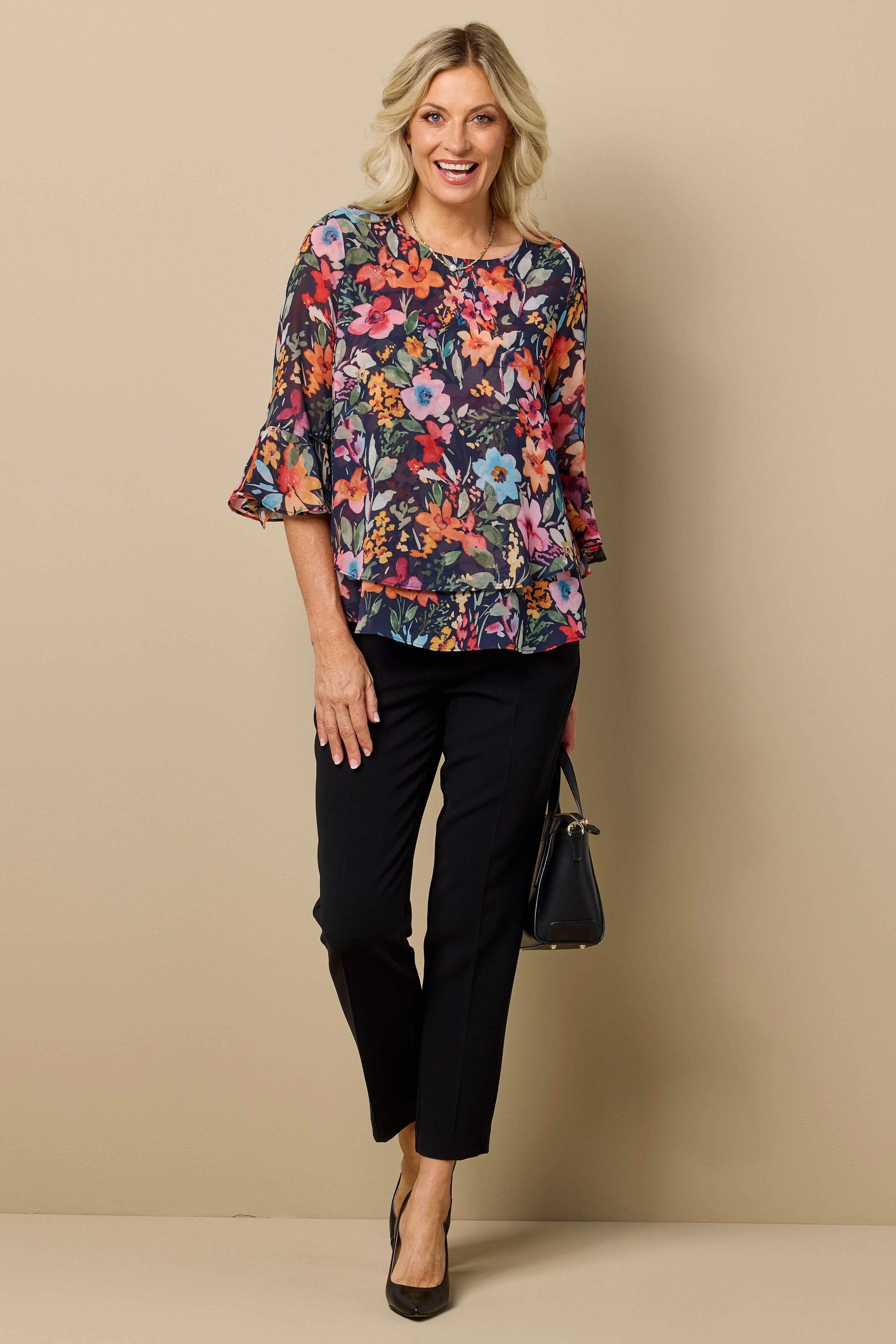 Helene Flounce Layered 3/4 Sleeve Top