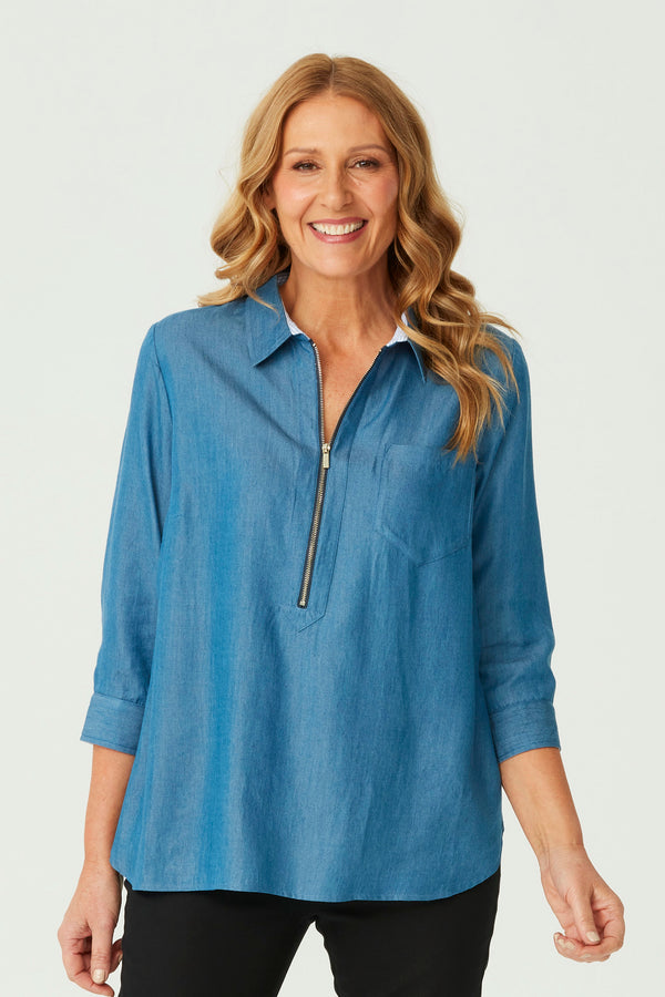 NANTUCKET ZIP NECK 3/4 SLEEVE TOP