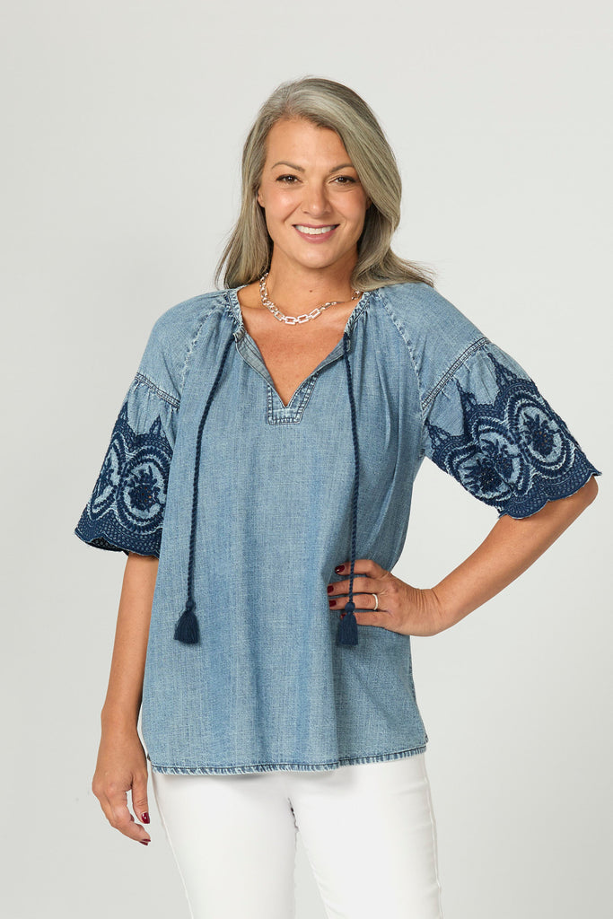Layla Denim Embroidered Top